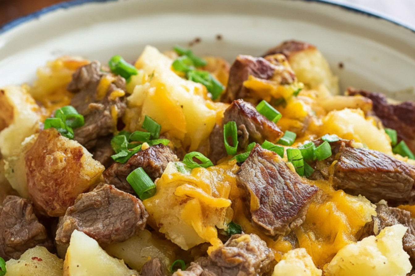 Slow Cooker Steak and Cheddar Potato Casserole