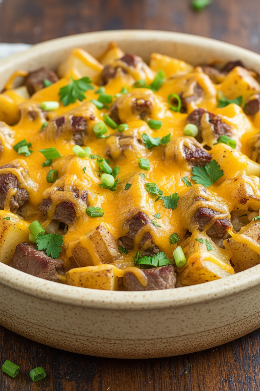Slow Cooker Steak and Cheddar Potato Casserole