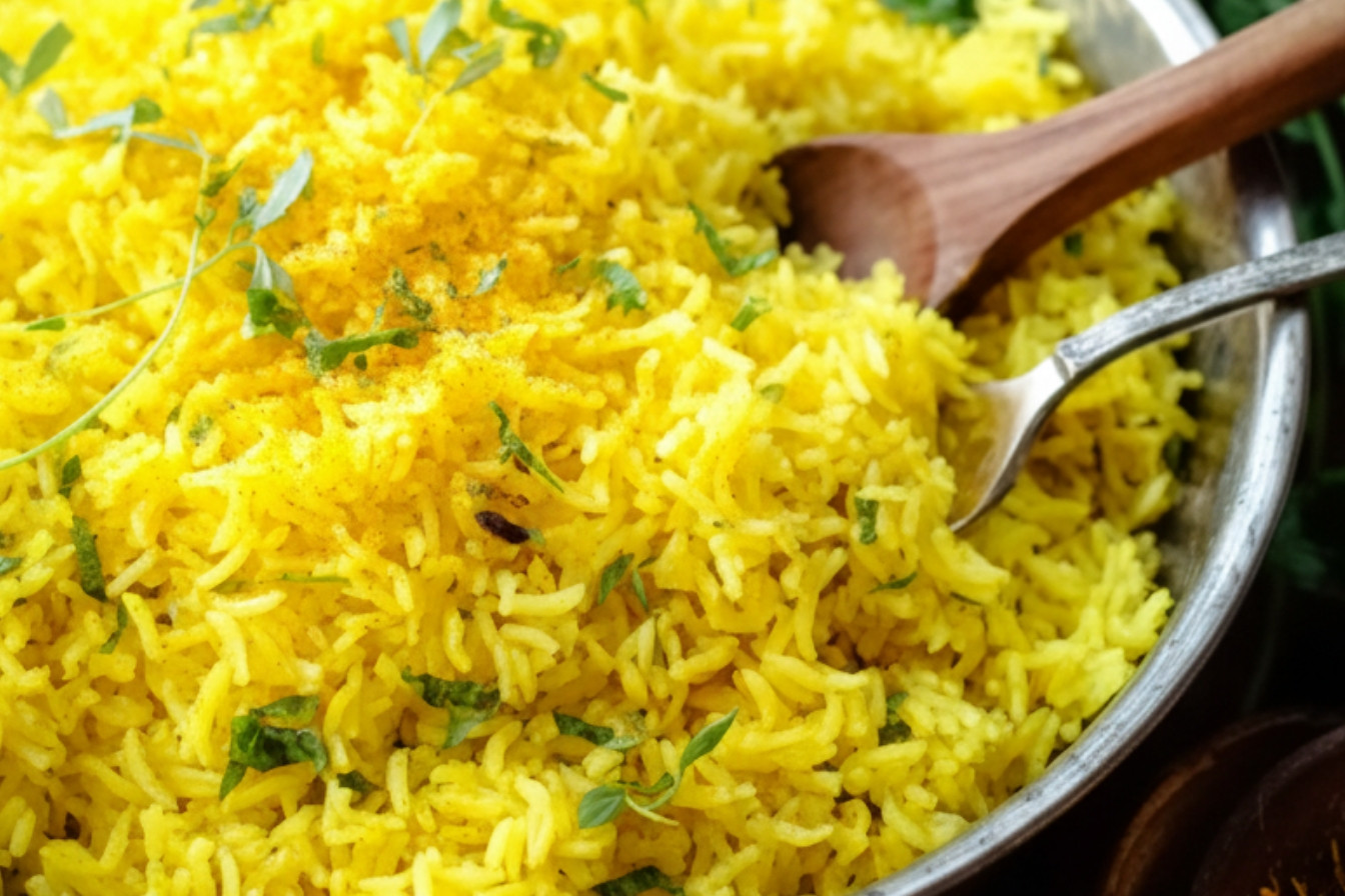 Soft Fluffy Garlic Turmeric Rice Recipe
