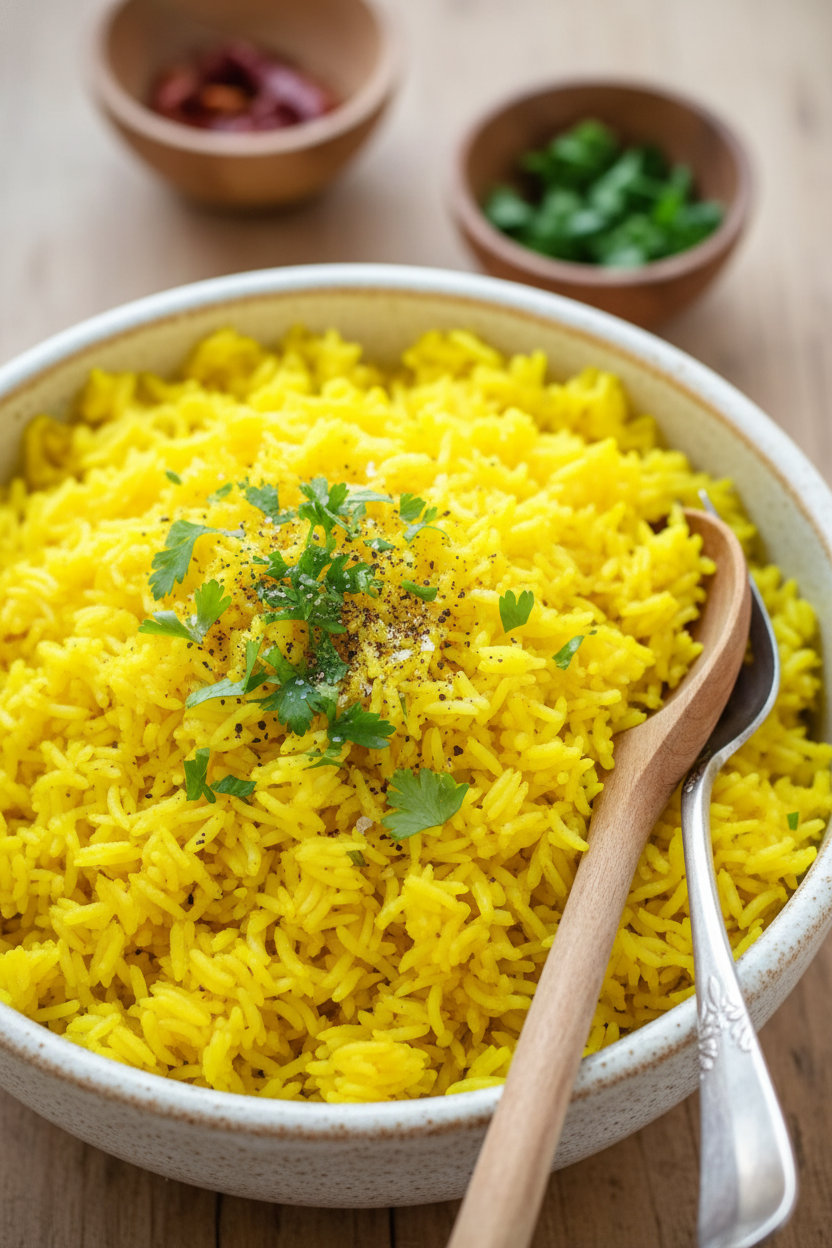 Soft Fluffy Garlic Turmeric Rice Recipe