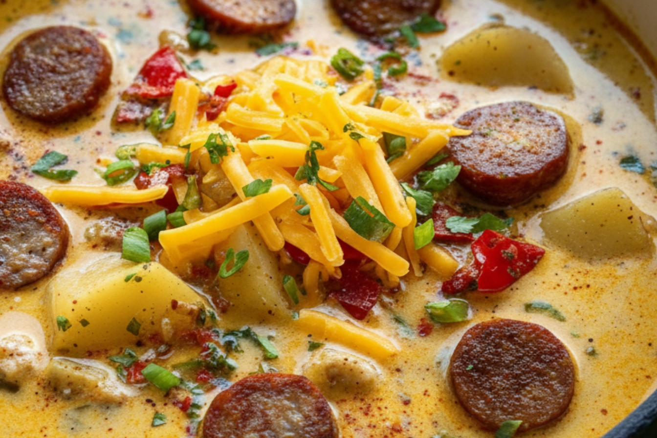 Spicy Cajun Potato Sausage and Cheese Soup