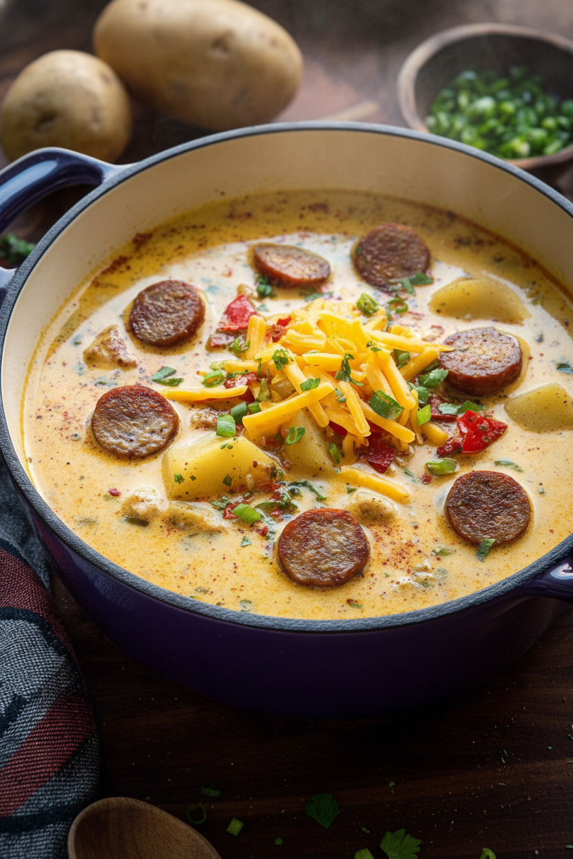 Spicy Cajun Potato Sausage and Cheese Soup