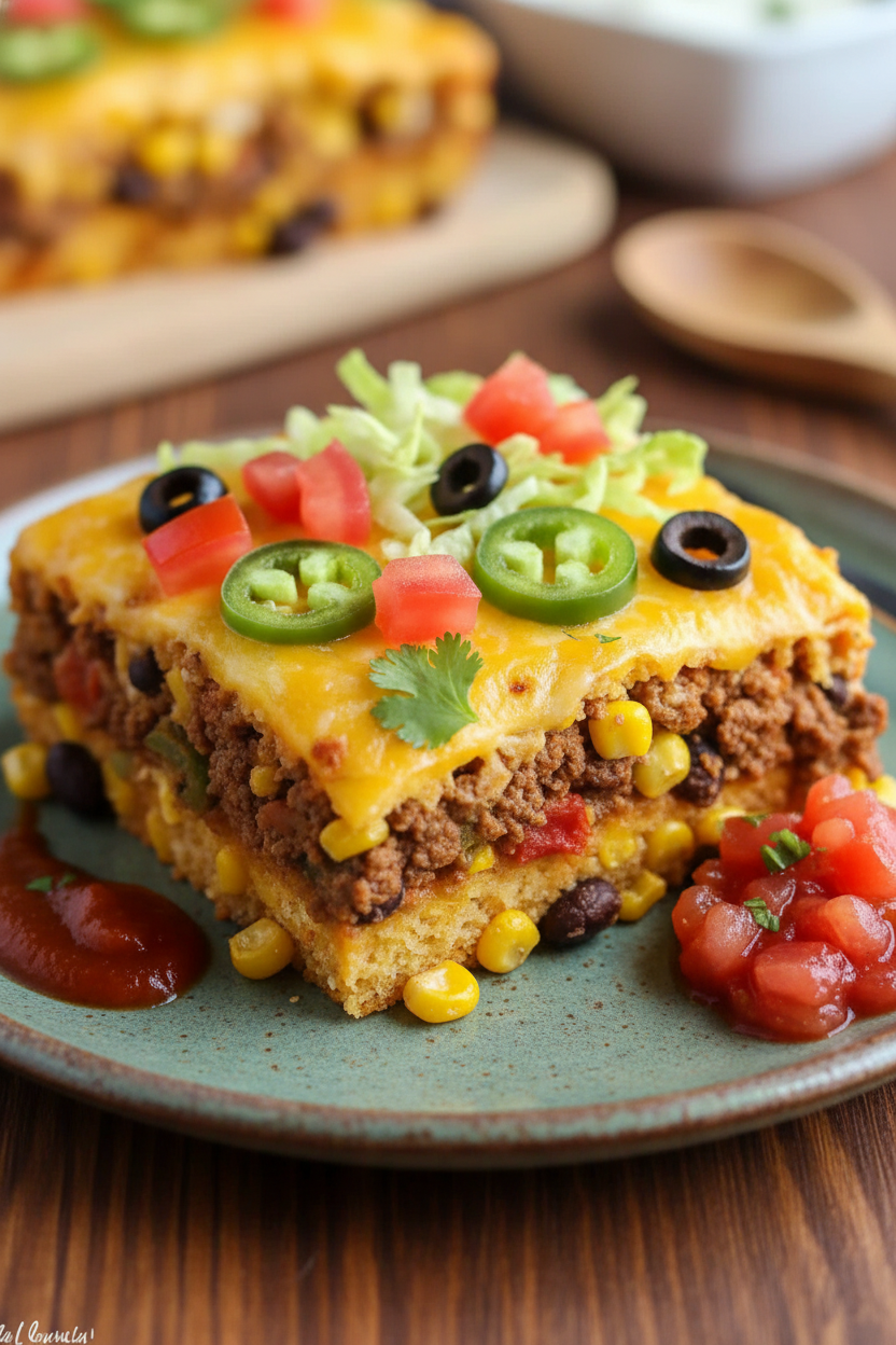 Taco Cornbread Casserole Snack On Meat