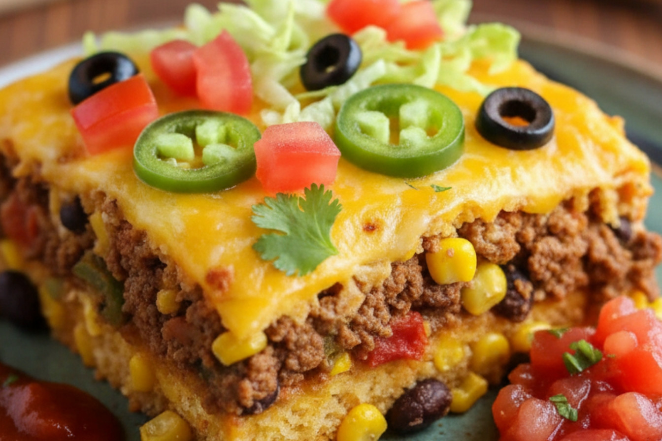 Taco Cornbread Casserole Snack On Meat