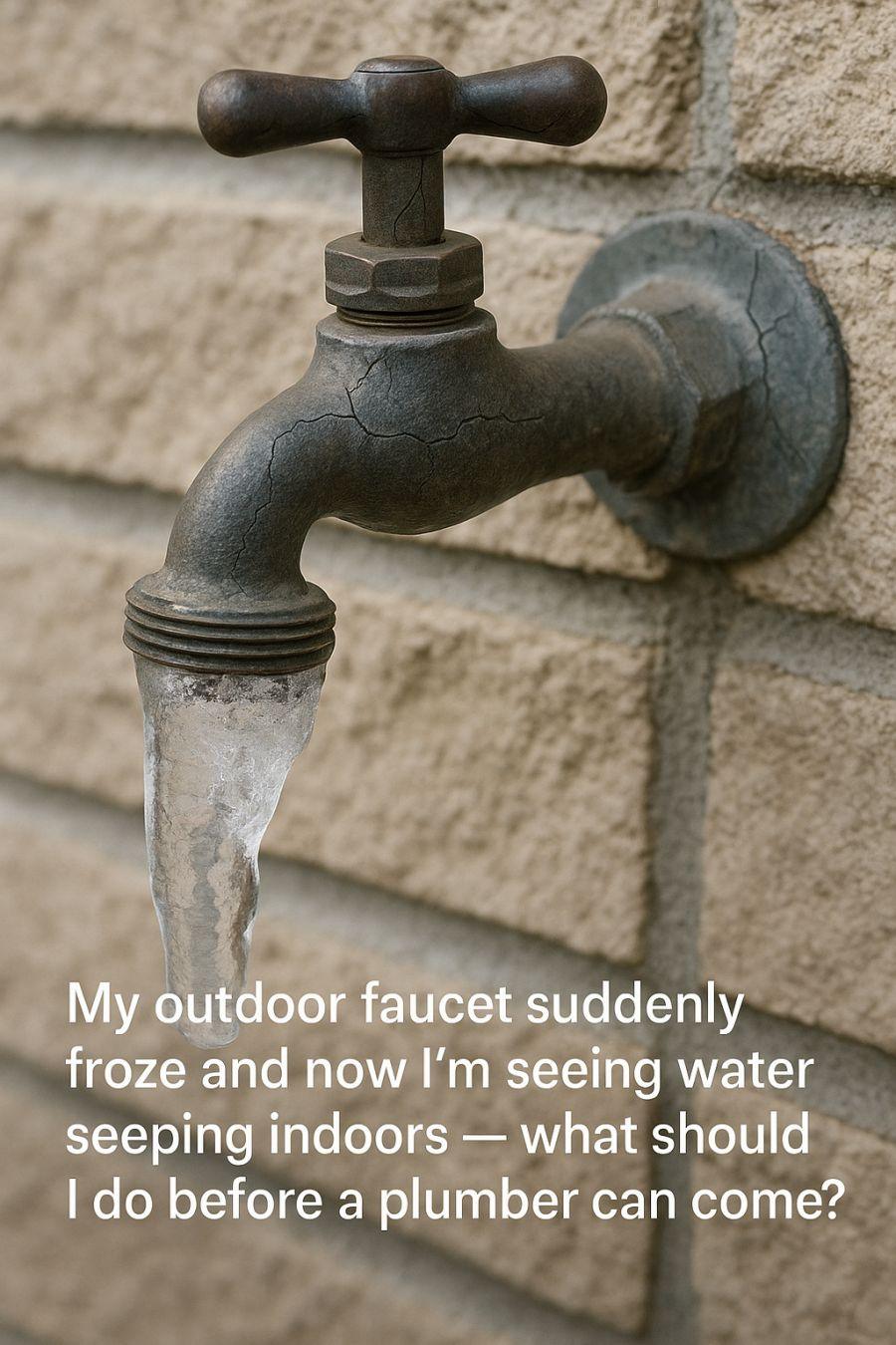 My outdoor faucet suddenly froze and now I’m seeing water seeping indoors  what should I do before a plumber can come?
